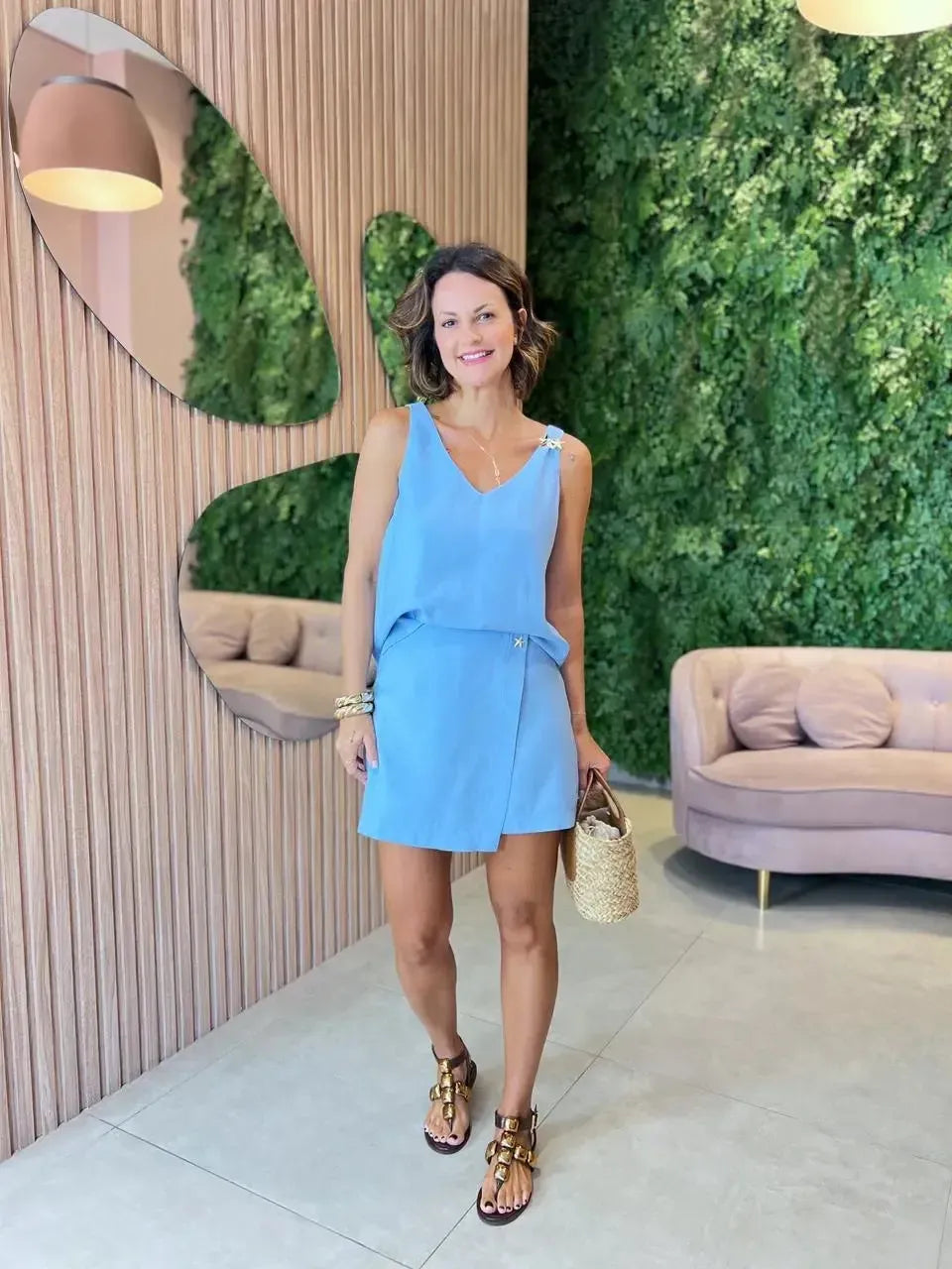 Conjunto Shorts Saia + Blusa Regata, Azul