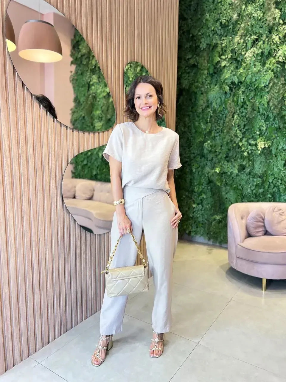 Conjunto T-Shirt + Calça em Marrante, Bege