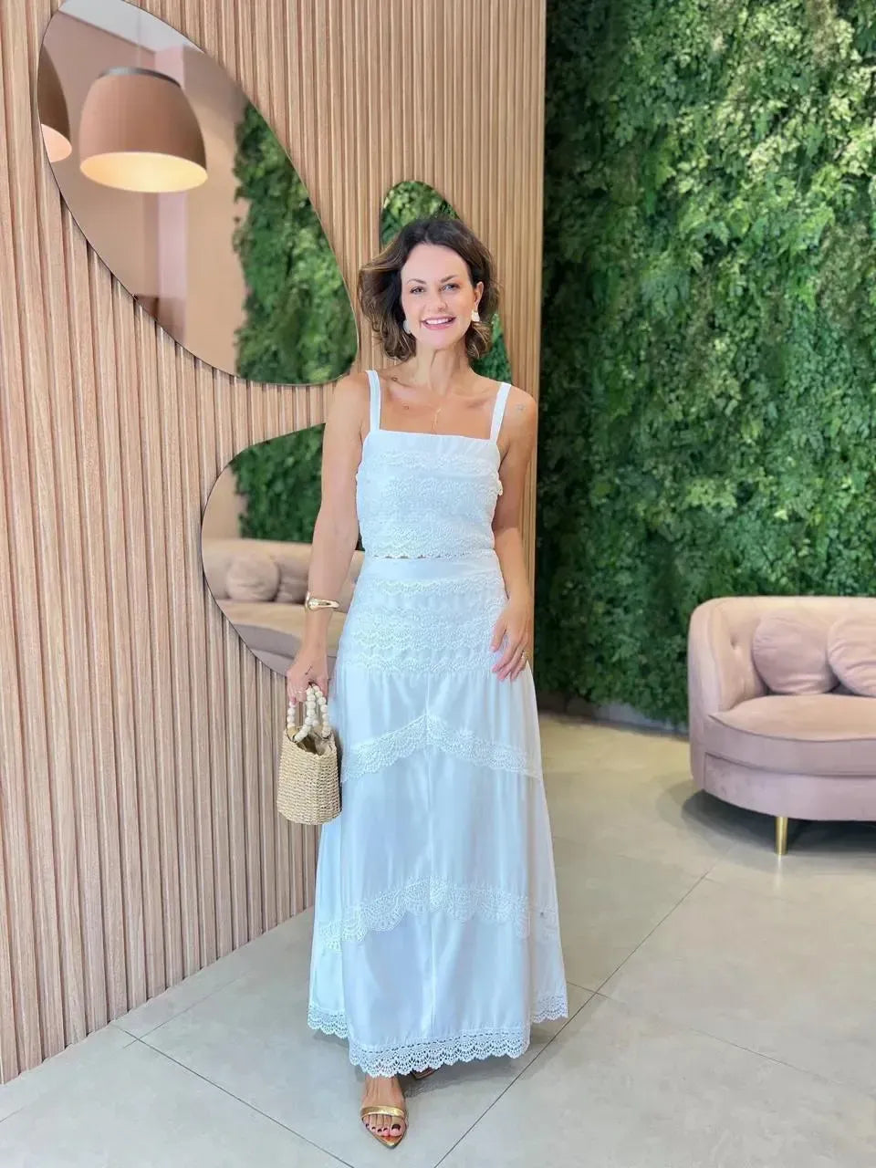 Conjunto de Renda Saia Longa + Cropped, Branco