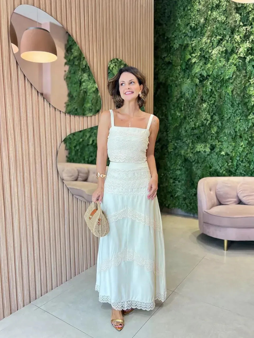 Conjunto de Renda Saia Longa + Cropped, Cru