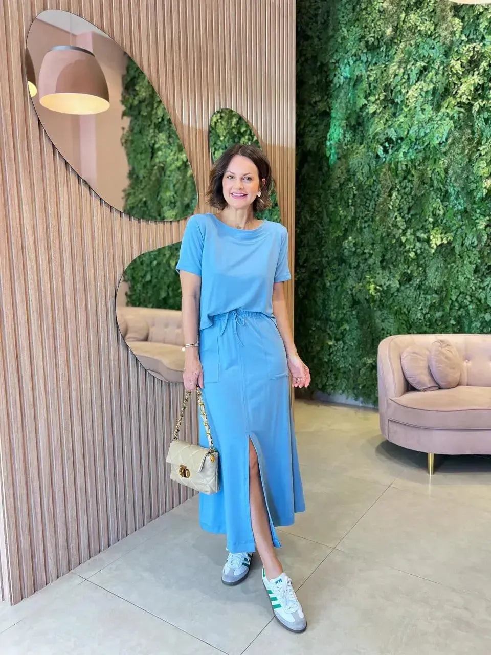 Conjunto em Moletinho T-shirt + Saia Longa, Azul Jeans