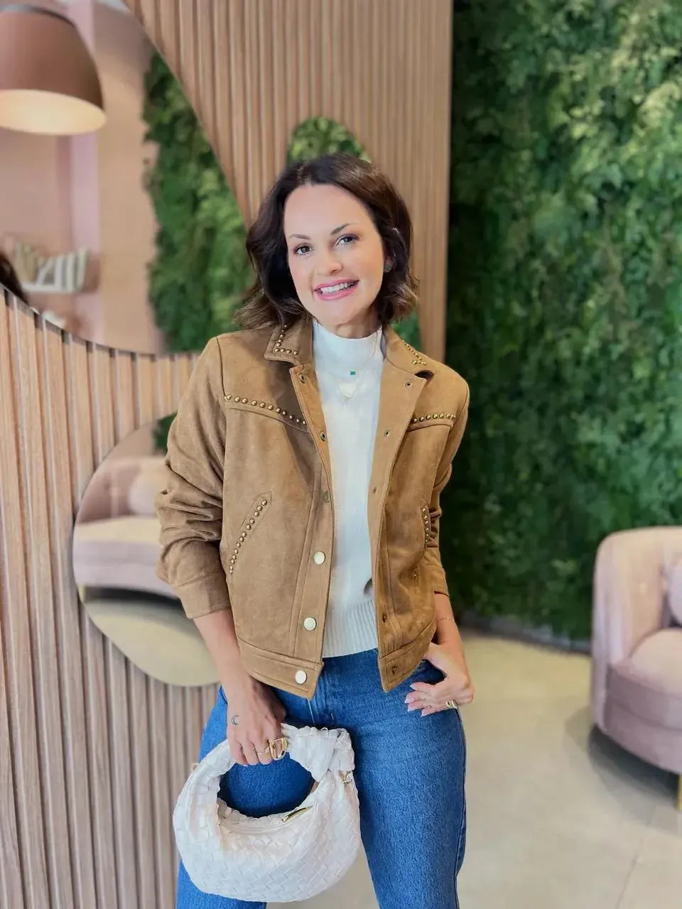 Jaqueta em Suede com Aplicações, Caramelo