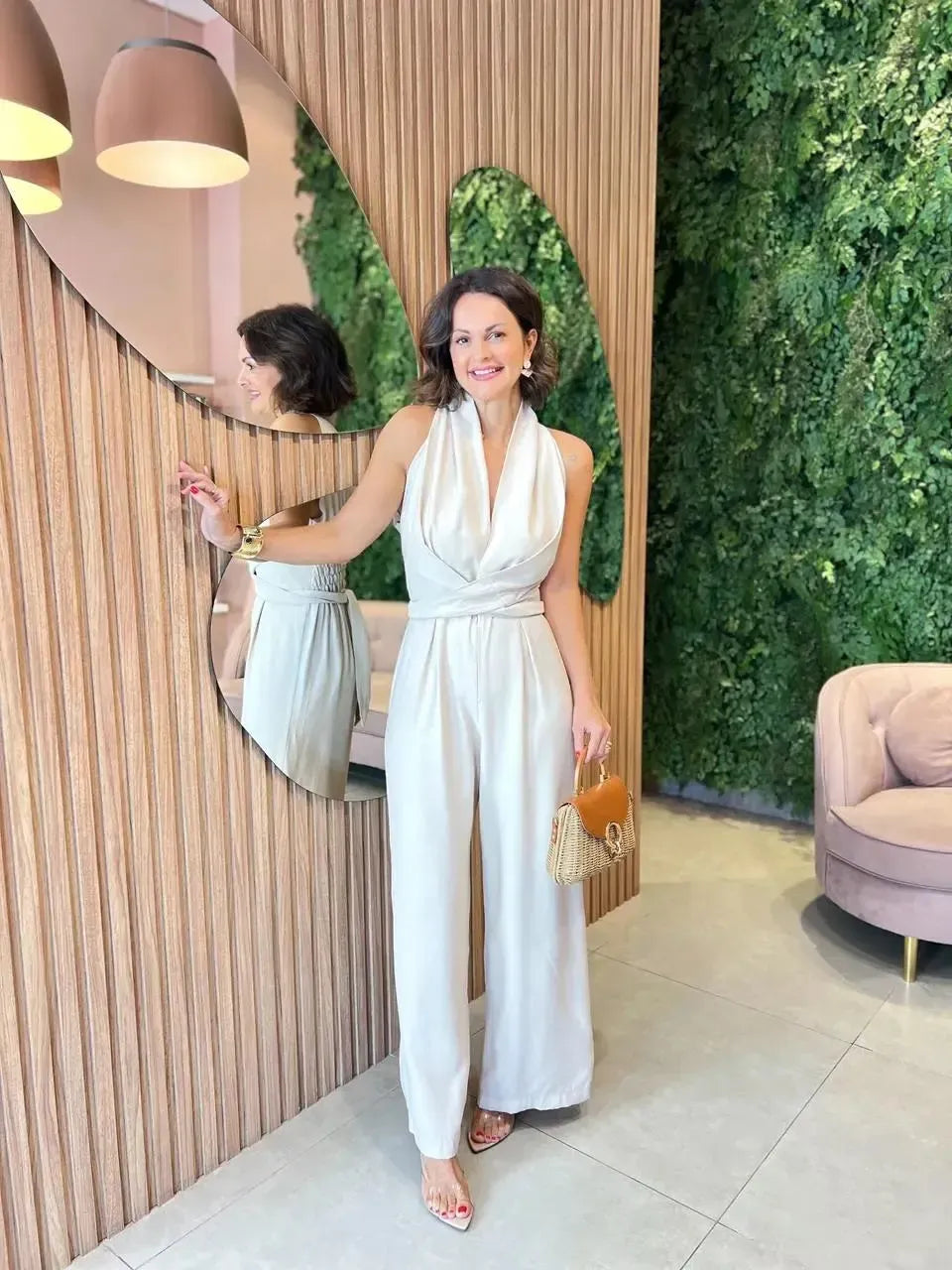 Macacão Pantalona Amarração Frontal, Nude