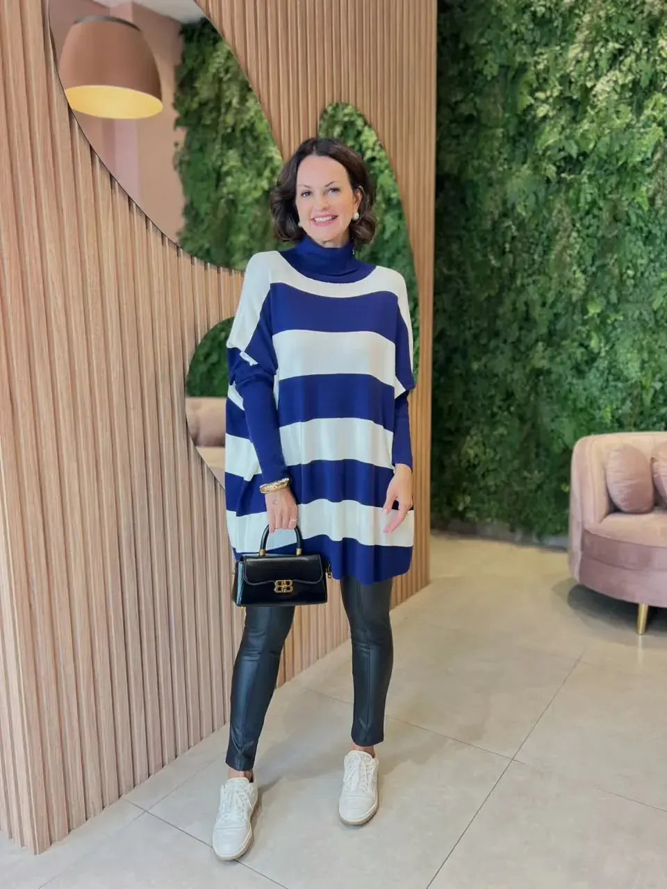 Poncho em Tricot Modal listrado, Azul Marinho