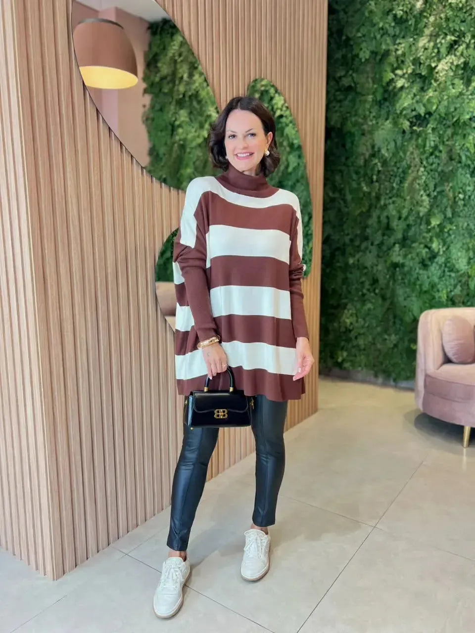 Poncho em Tricot Modal listrado, Marrom