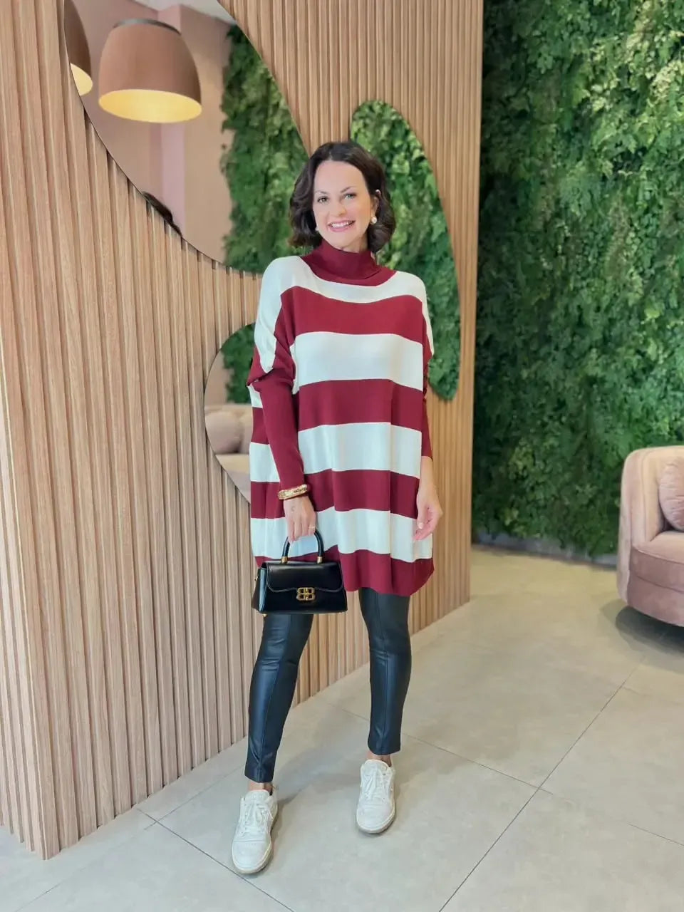 Poncho em Tricot Modal listrado, Marsala