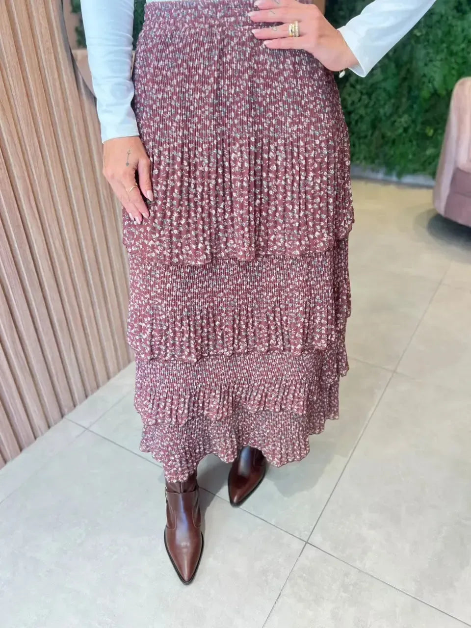 Saia Floral em Camadas, Marrom
