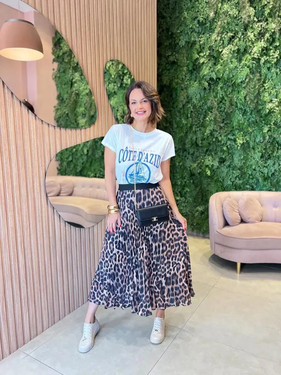 Saia Mídi Plissada Animal Print