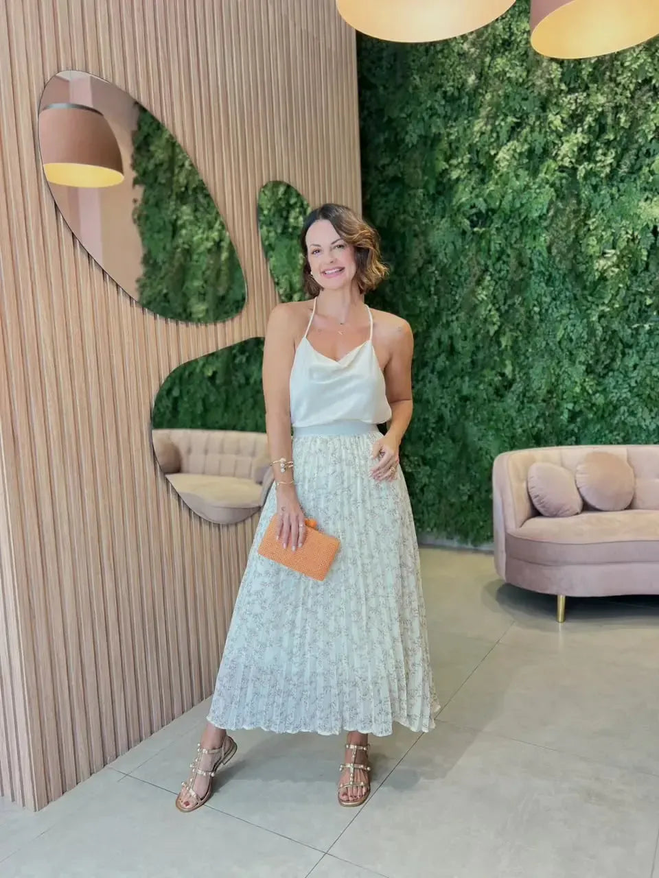 Saia Midi Plissada com Estampa Floral, Off White