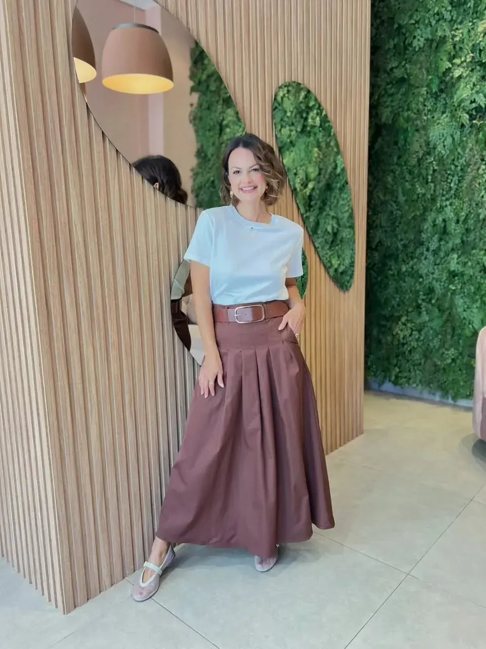 Saia Midi com Cinto, Marrom
