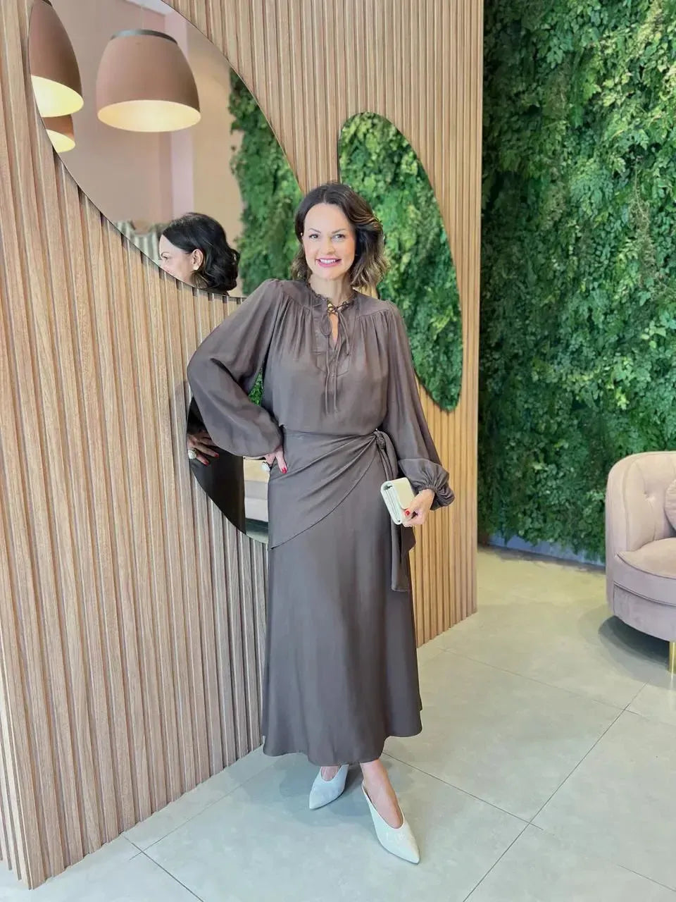 Saia Midi com Lenço, Marrom