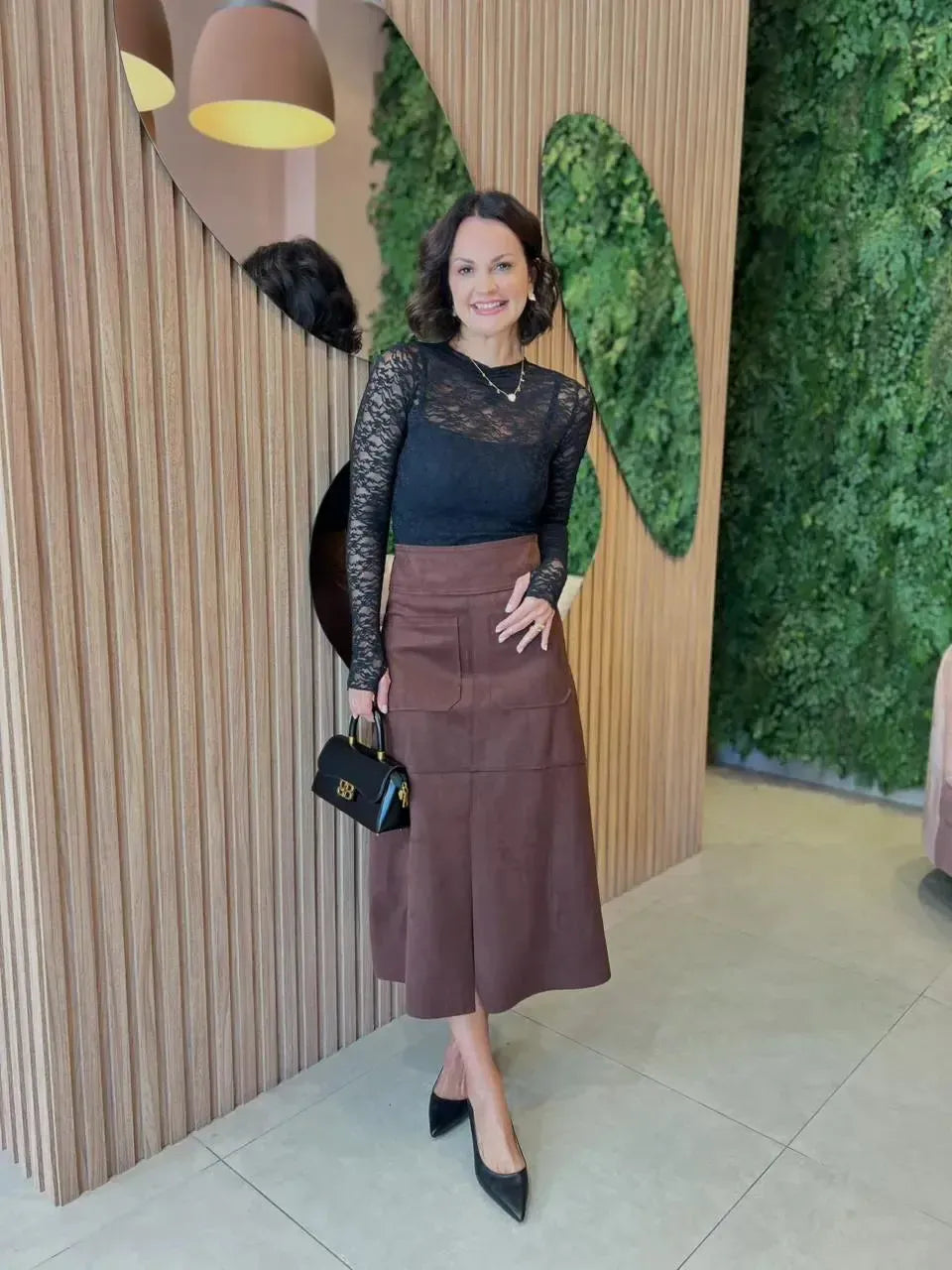 Saia Midi em Suede, Marrom