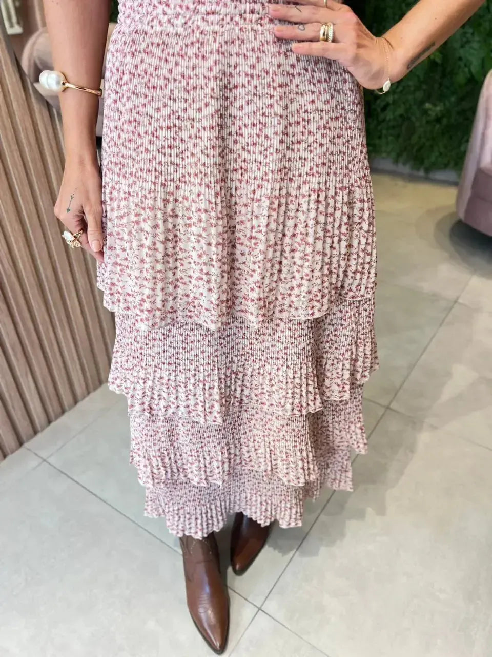 Saia em Camadas com Estampa Floral, Rosa
