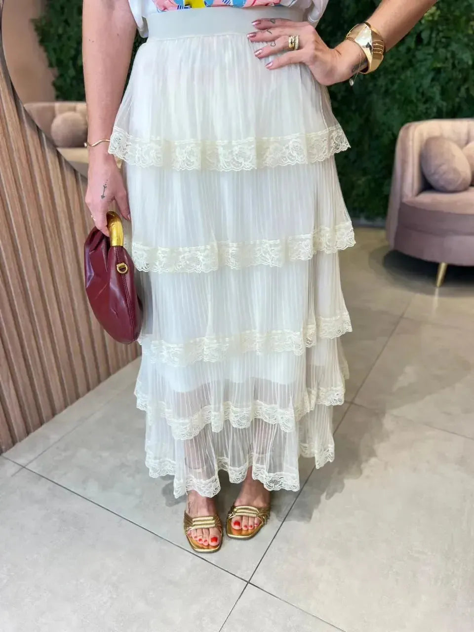 Saia em Camadas em Tule com Renda, Creme