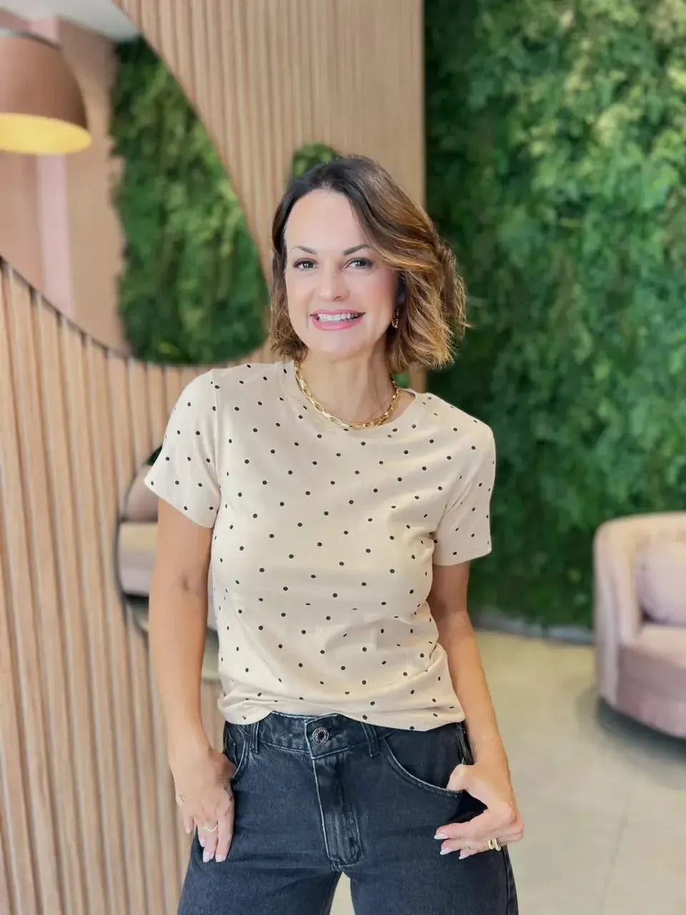 T-Shirt Em Algodão Com Estampa Poa, Nude