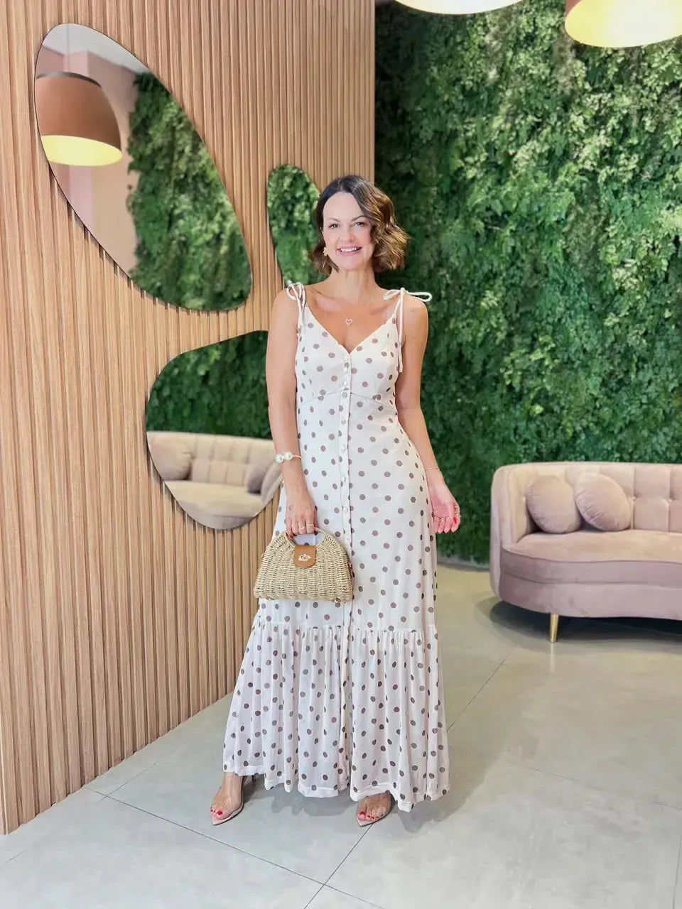Vestido Chemise Com Alça, Bege Com Poa Marrom