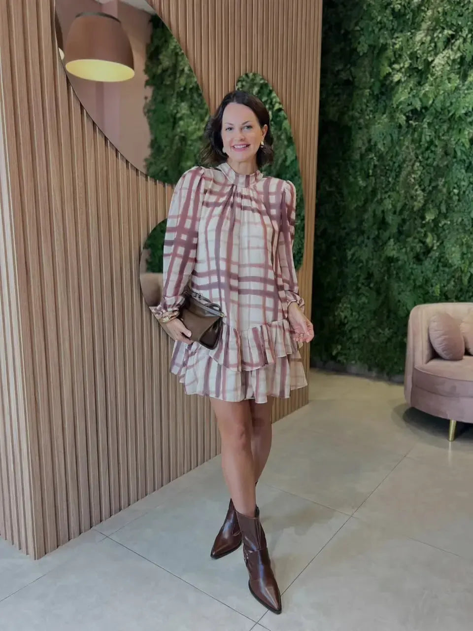 Vestido Curto em Chiffon, Xadrez