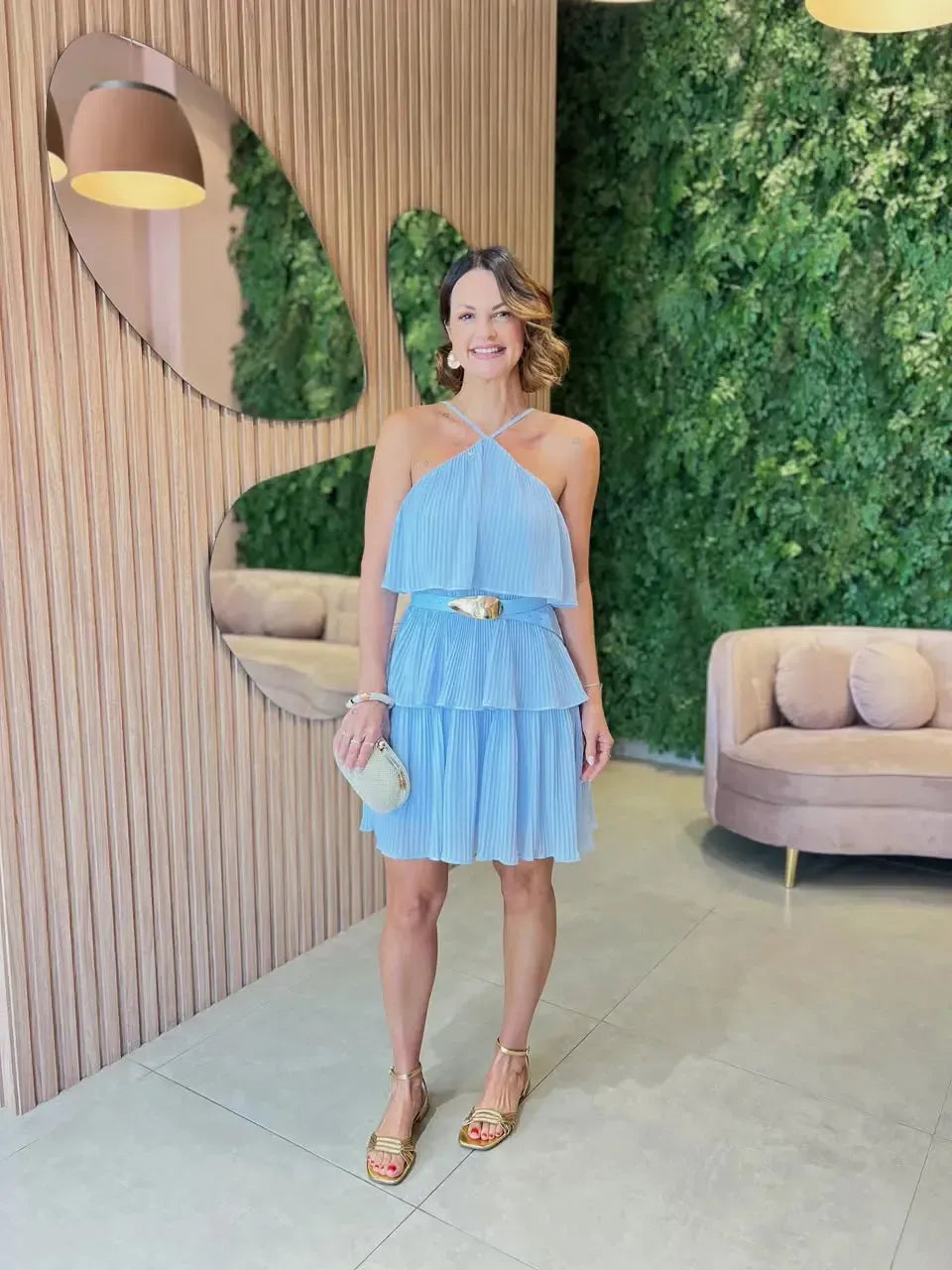 Vestido Em Camadas Com Cinto, Azul
