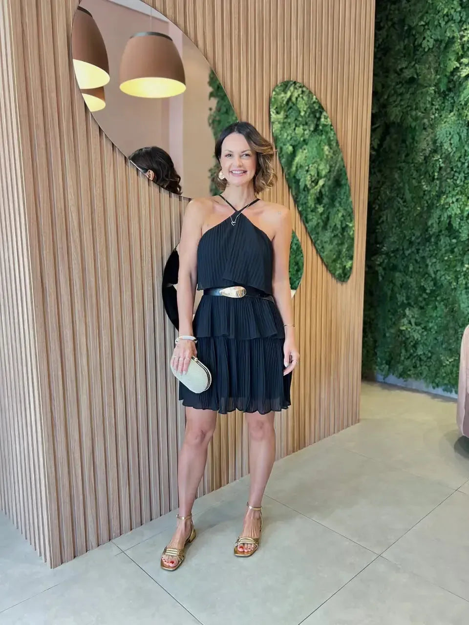 Vestido Em Camadas Com Cinto, Preto
