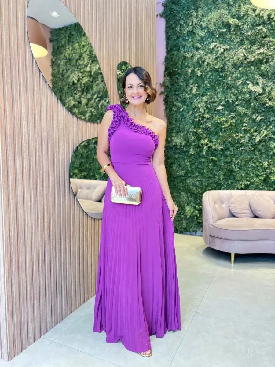 Vestido Festa Longo Ombro Só Saia Plissada, Fúcsia