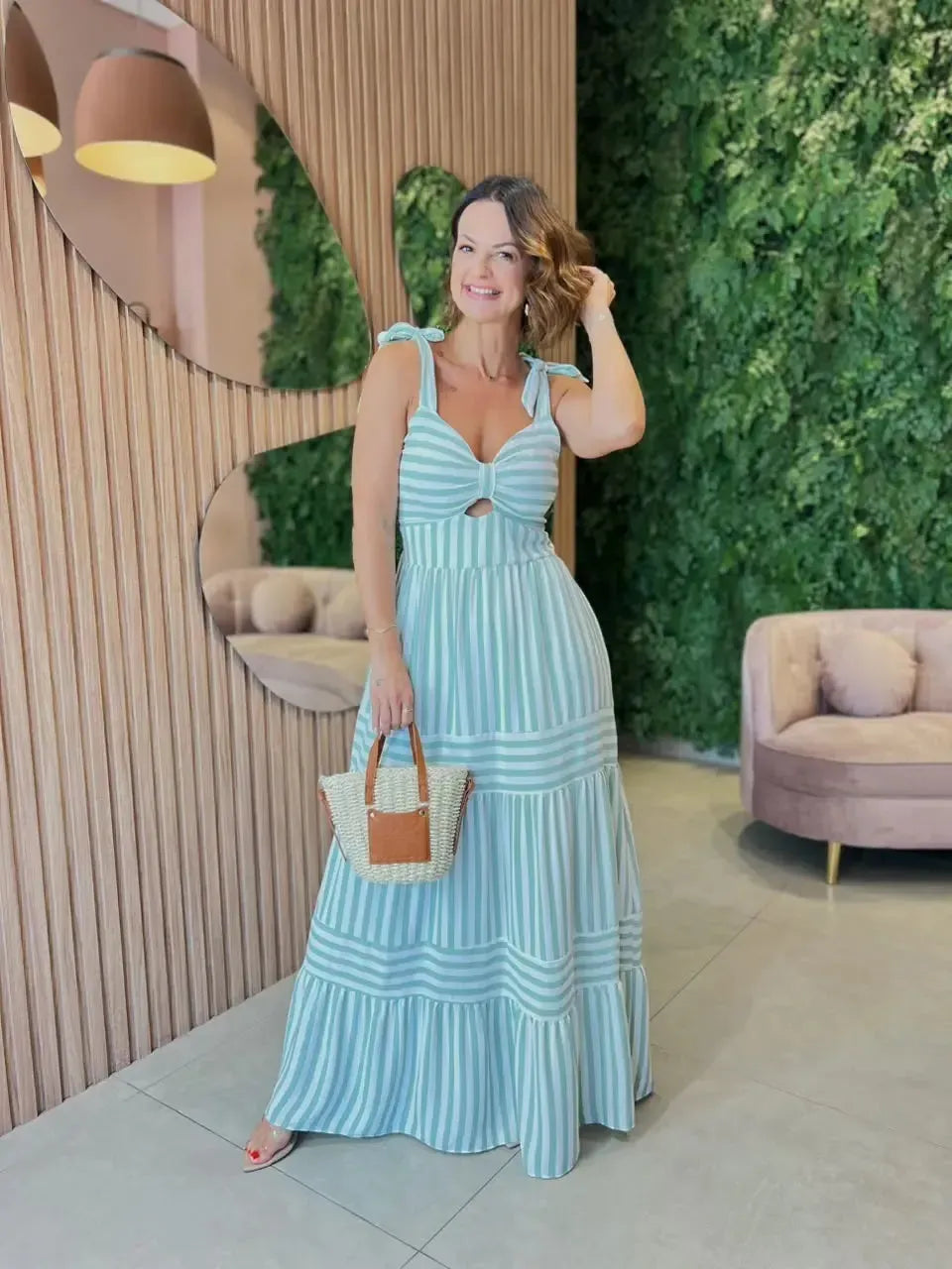 Vestido Listrado Forrado Em Crepinho, Verde