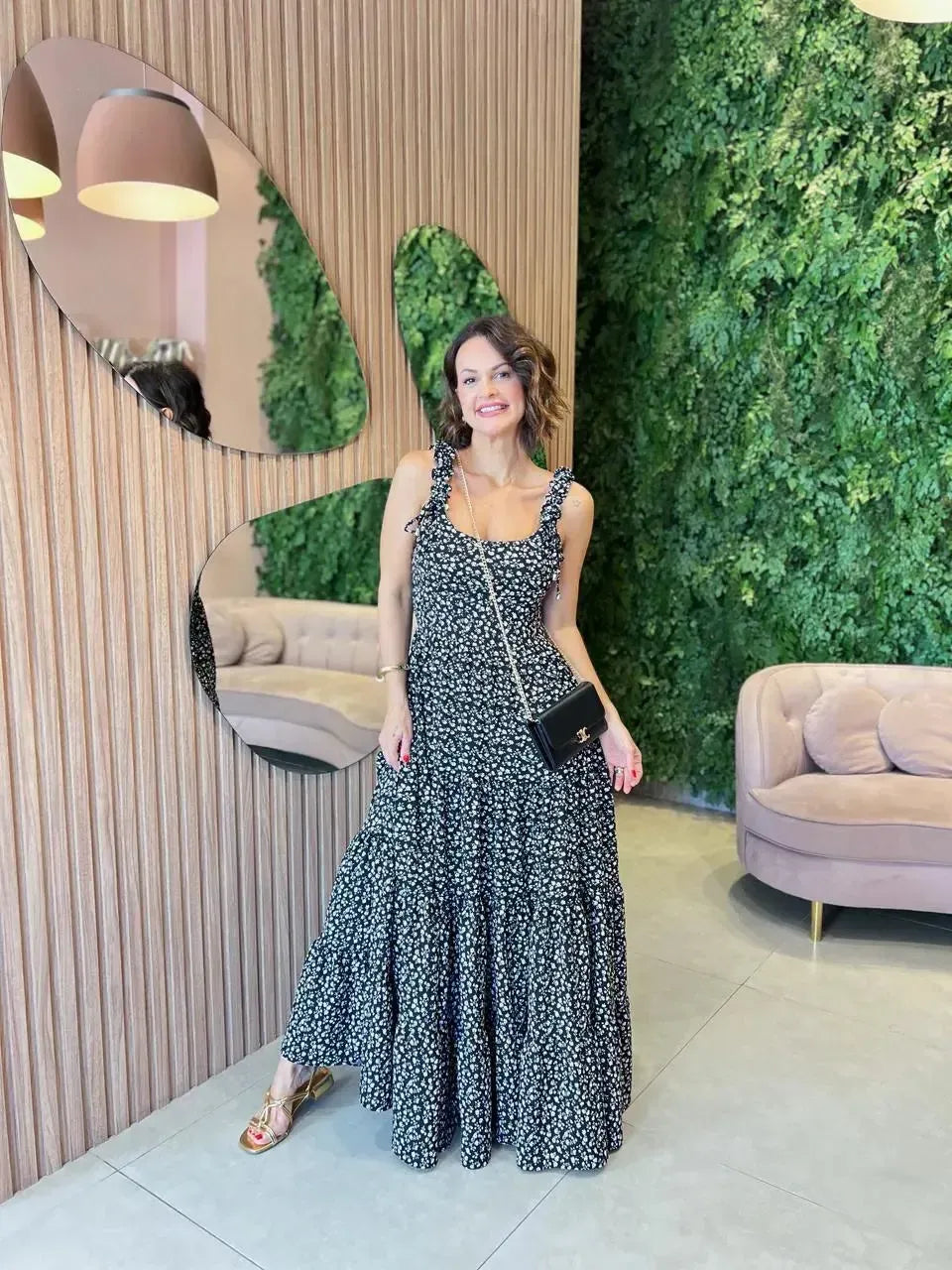 Vestido Longo Alça Franzida, Preto com Floral Off White