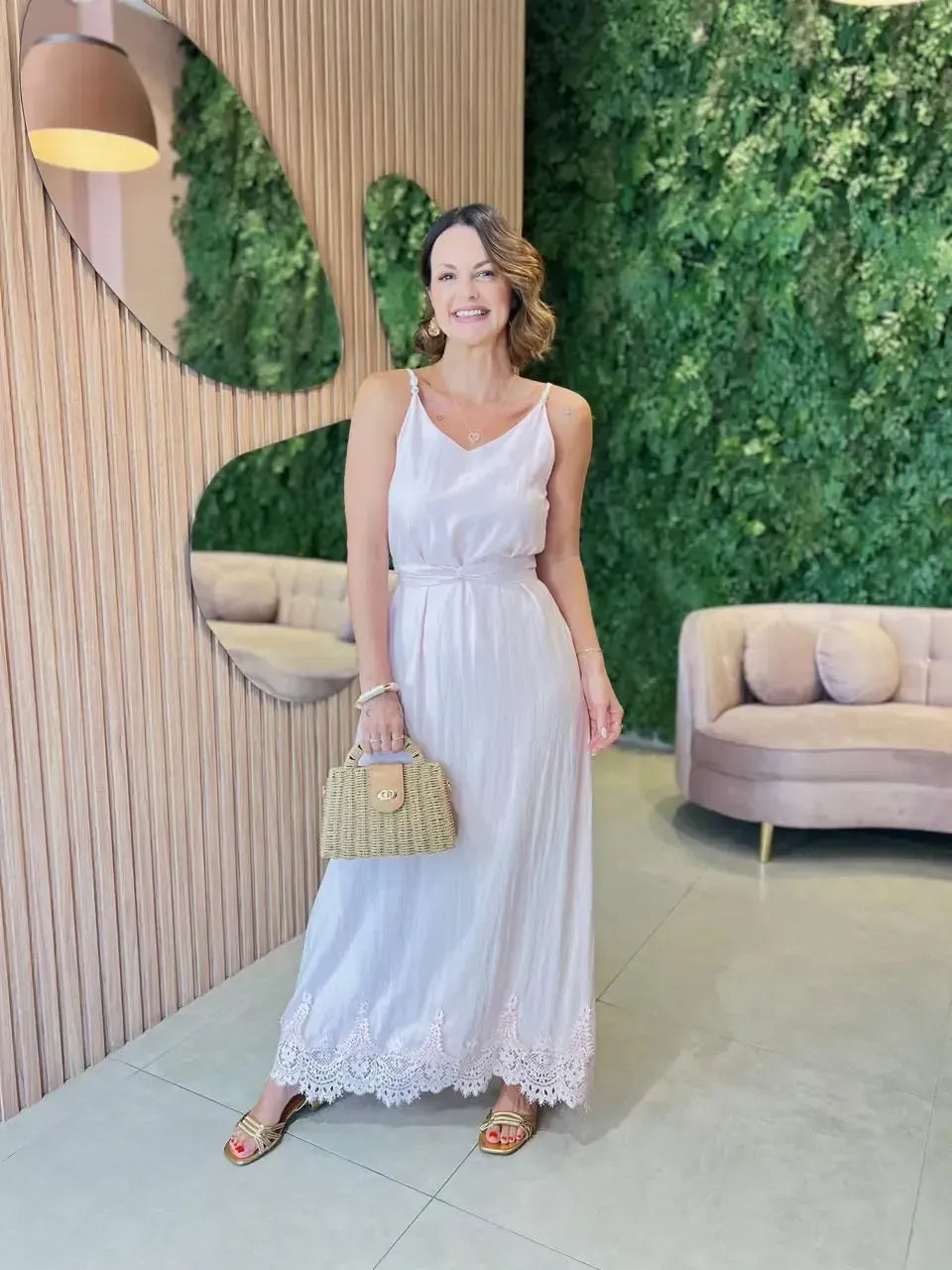 Vestido Longo Em Algodão com Detalhe Renda na Barra, Rosa
