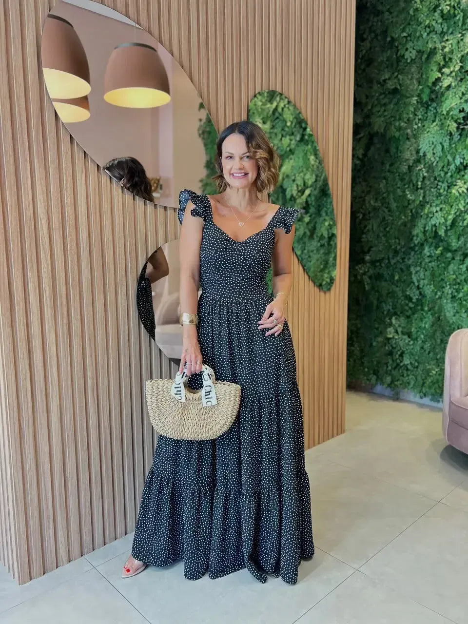 Vestido Longo Em Crepe, Preto Com Mini Poa