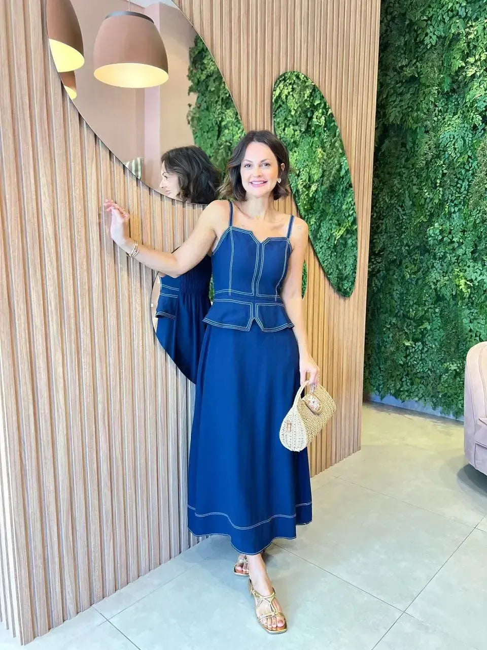 Vestido Longo Pespontado, Azul Marinho