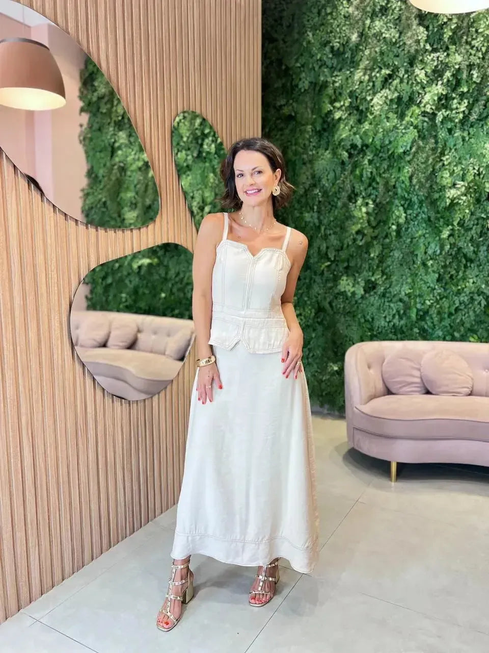 Vestido Longo Pespontado, Nude