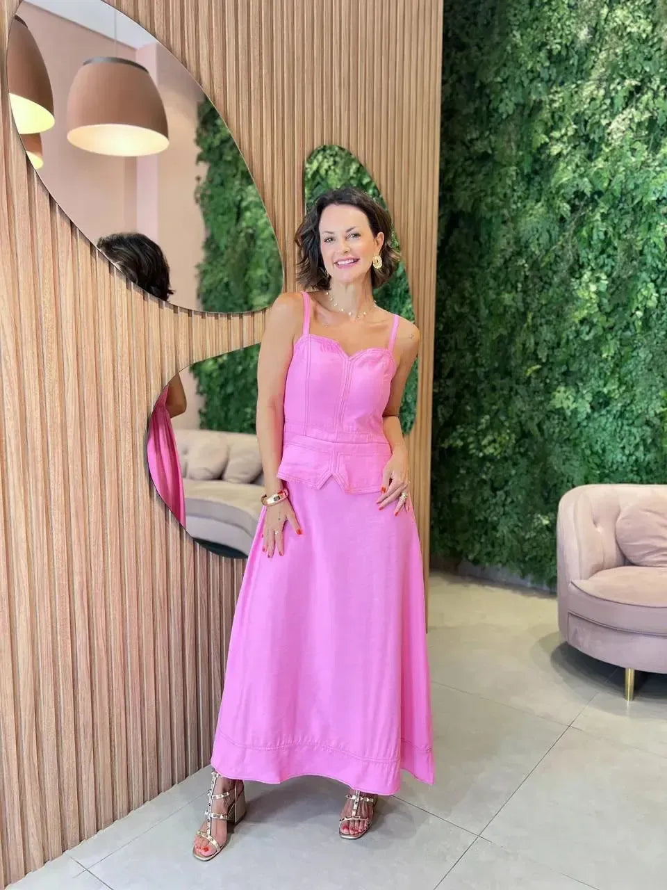 Vestido Longo Pespontado,Rosa