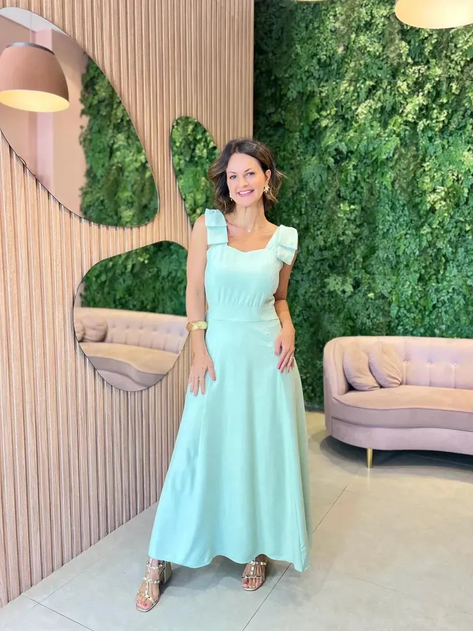 Vestido Longo com Laço na Alça, Verde Água