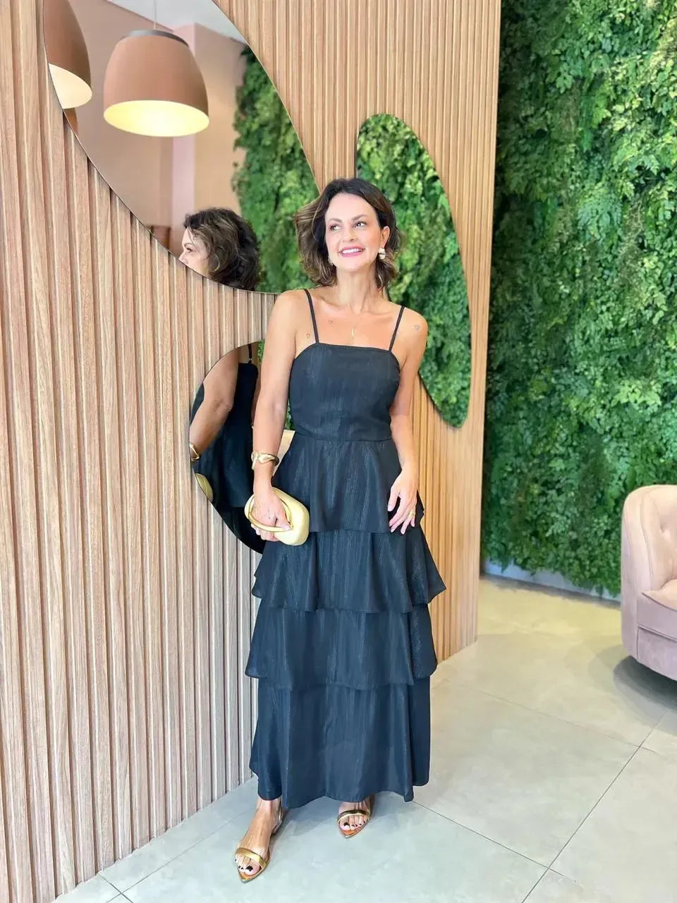 Vestido Longo em Camadas, Preto