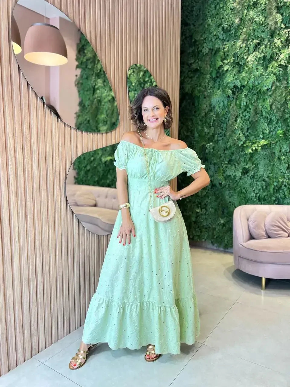 Vestido Longo em Lessie com Manga, Verde