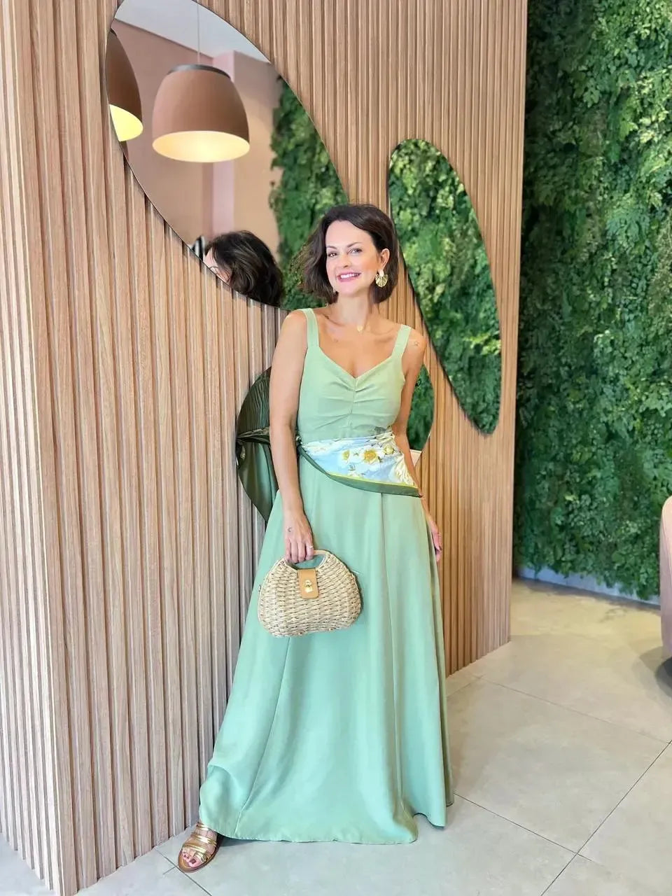Vestido Longo em Liocel com detalhe no busto , Verde menta
