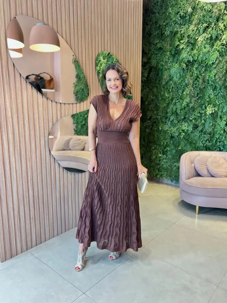 Vestido Longo em Tricô, Marrom