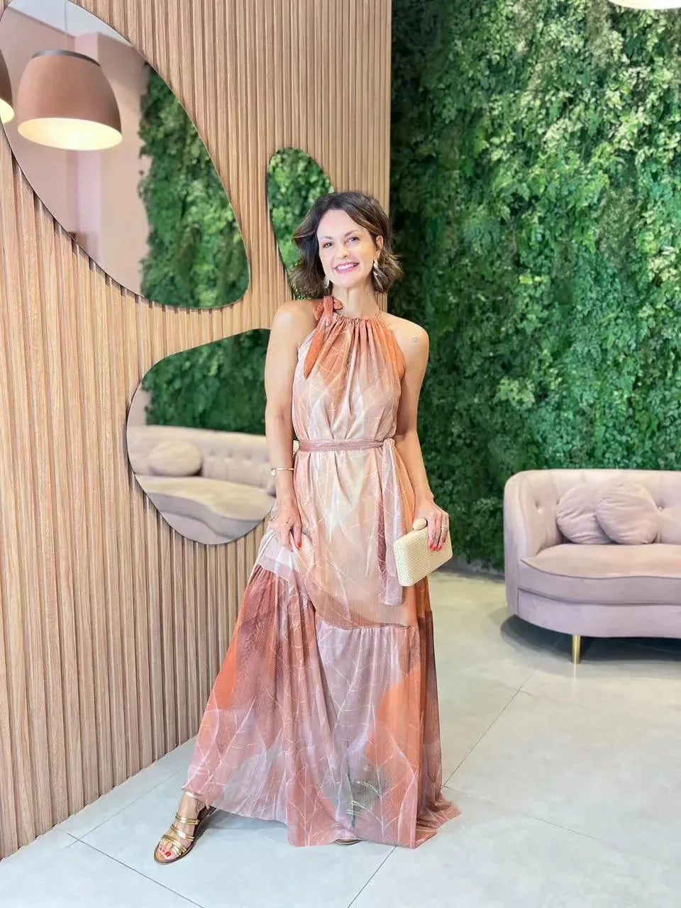 Vestido Longo em Tule, Marrom Floral