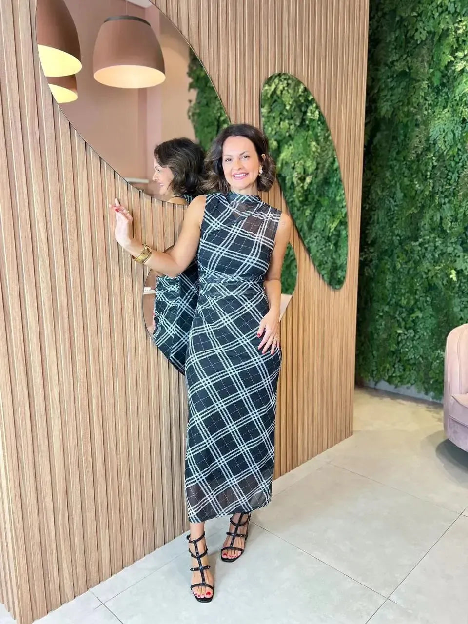 Vestido Longo em Tule Xadrez, Preto