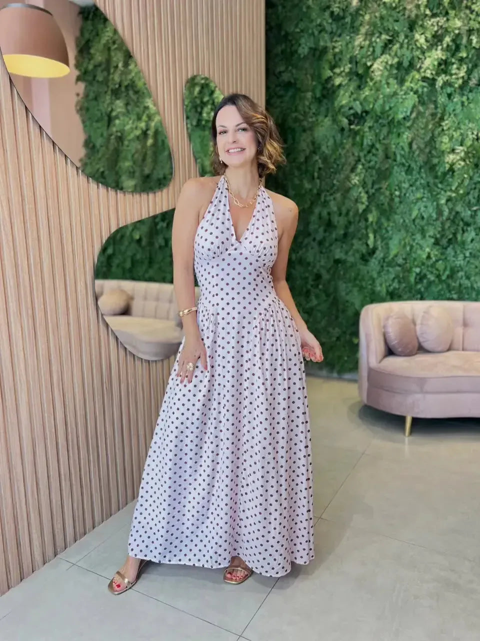 Vestido Longo em Viscose, Rosa com Poa Marrom