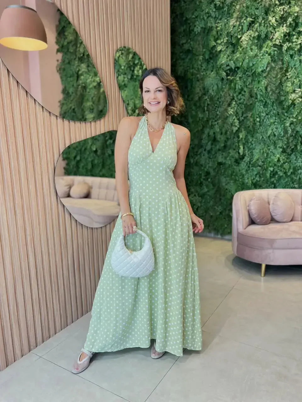 Vestido Longo em Viscose, Verde com Poa Off White