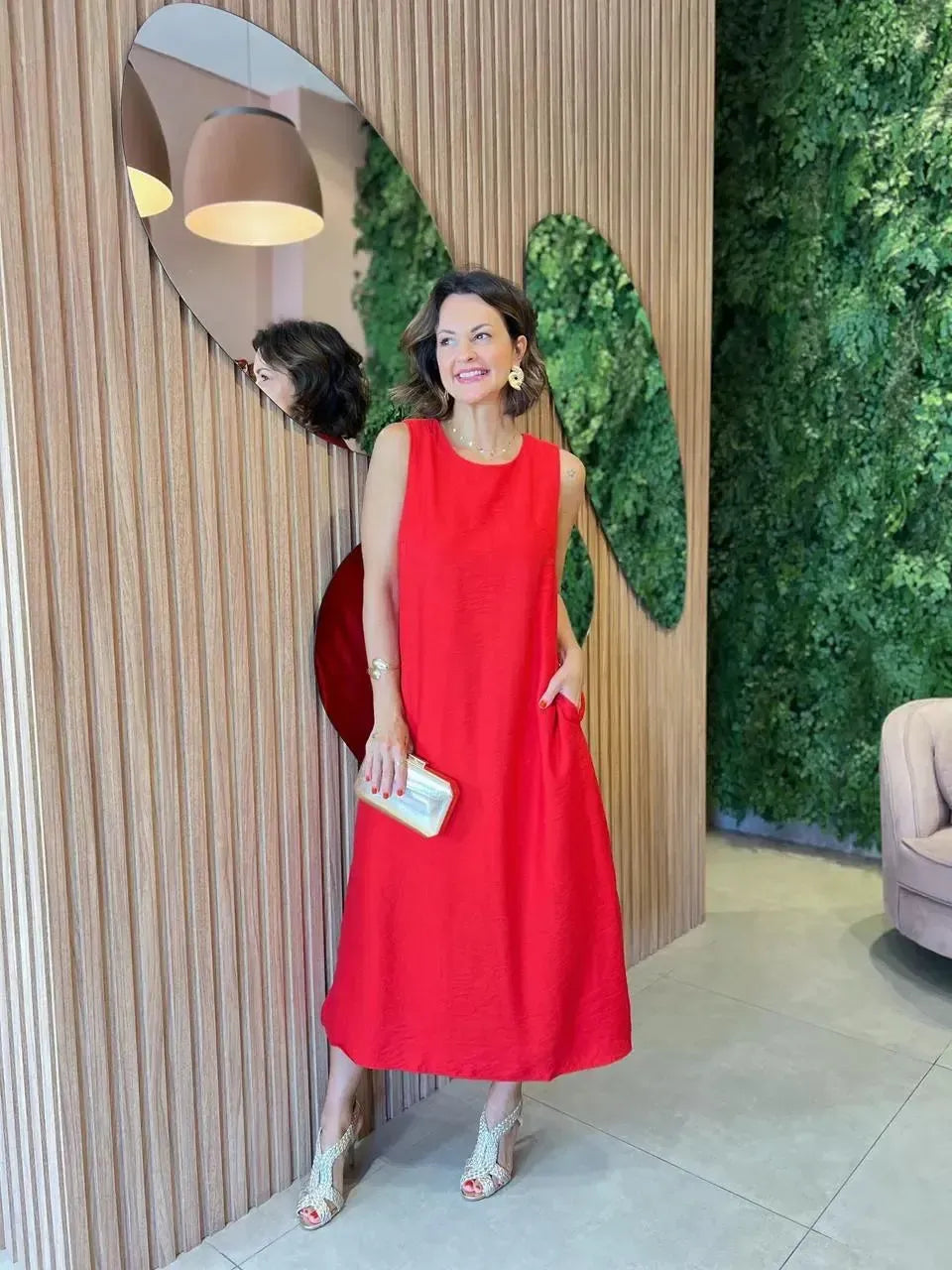 Vestido Midi Regata com Bolso,Vermelho