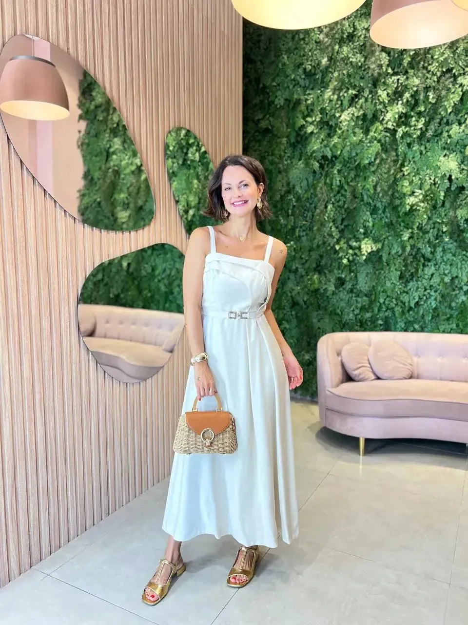 Vestido Midi com Cinto, Cru