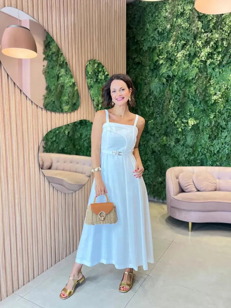Vestido Midi com Cinto, Off White