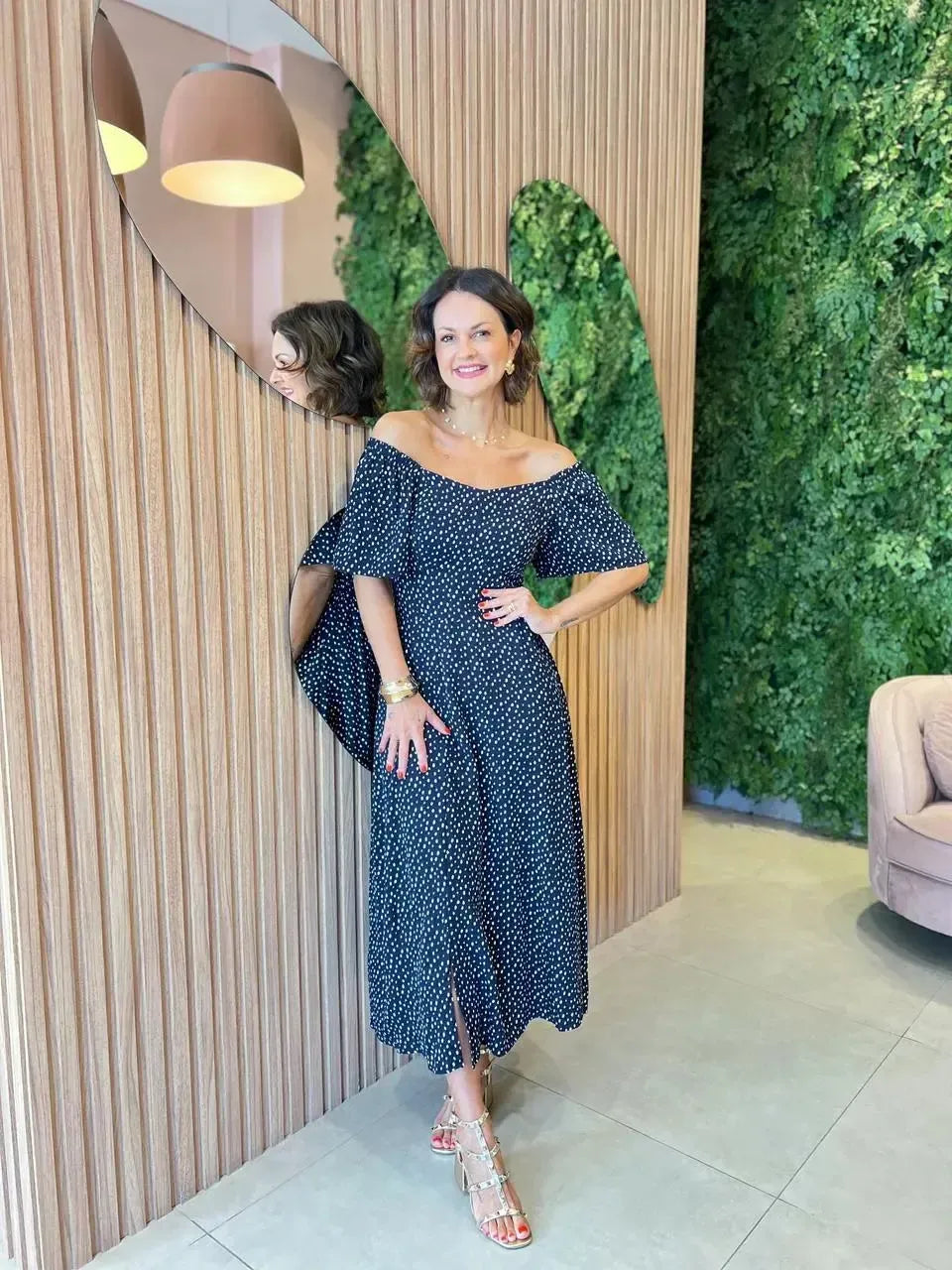 Vestido Midi de Poa em Viscolinho Manga Solta, Azul Marinho