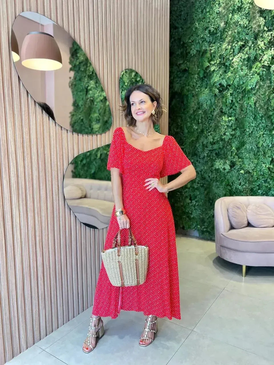 Vestido Midi de Poa em Viscolinho Manga Solta, Vermelho