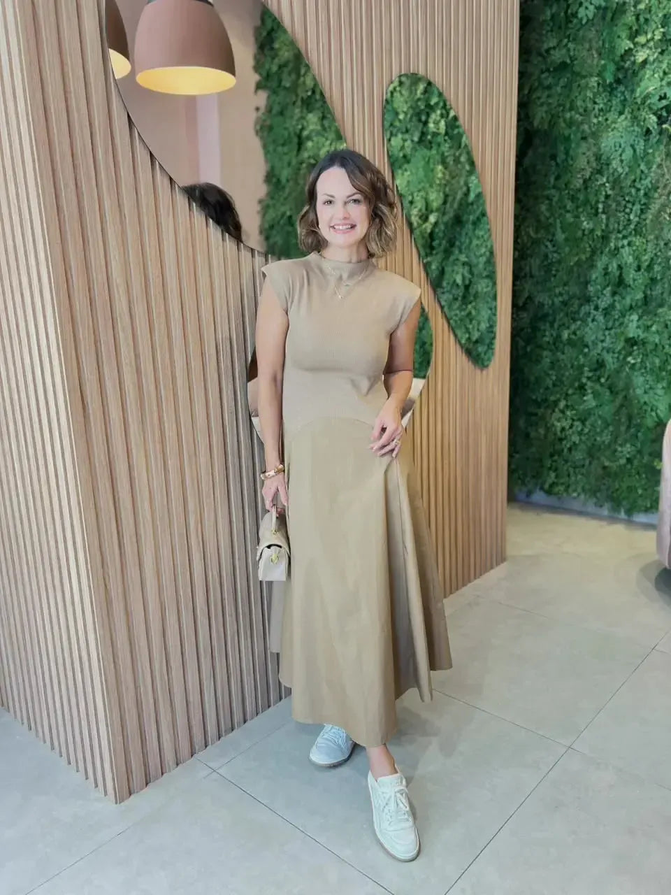 Vestido Mídi em Algodão com Detalhe em Malha no Busto, Caramelo