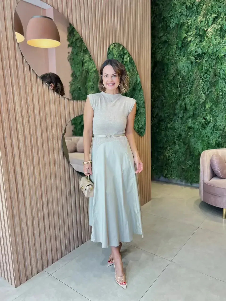 Vestido Mídi em Algodão com Detalhe em Malha no Busto, Cru