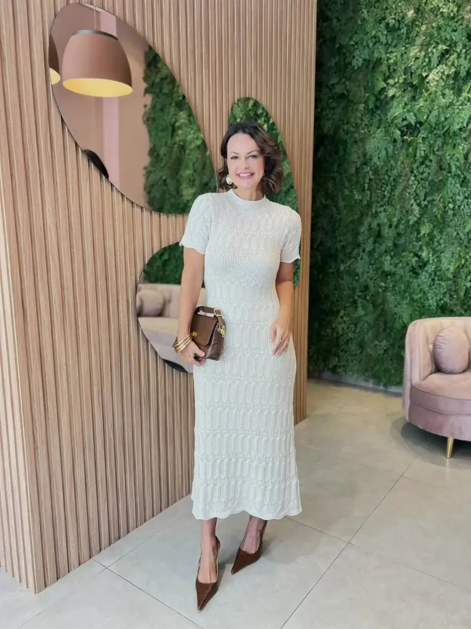 Vestido Midi em Tricô com Forro, Cru