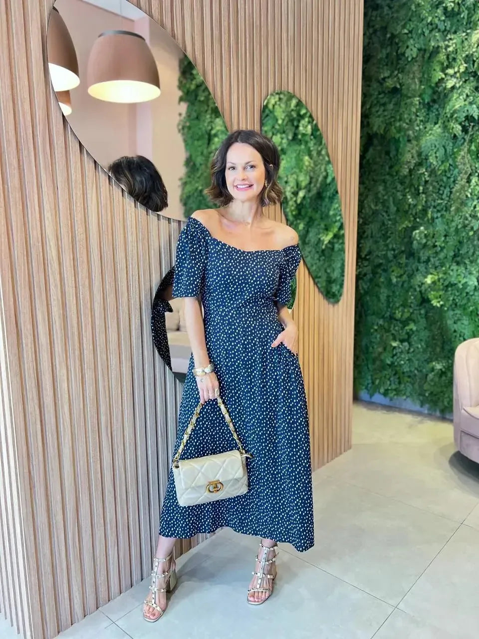 Vestido Midi em Viscolinho de Poa, Azul Marinho