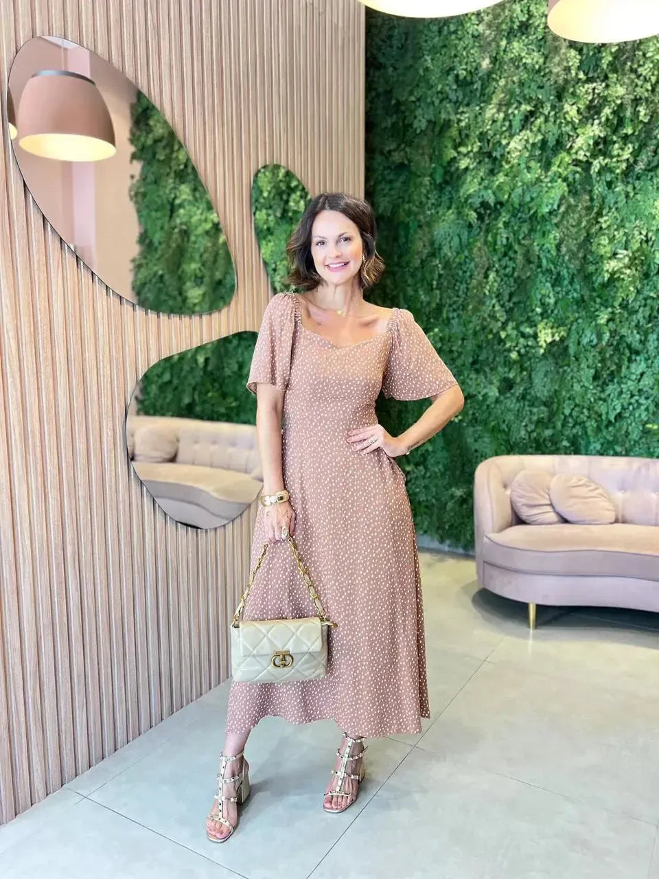 Vestido Midi em Viscolinho de Poa, Bege